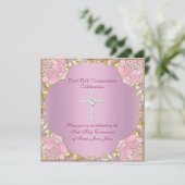 Girl First Heilige Commune Pink Gold Silver Cross  Kaart (Staand voorkant)