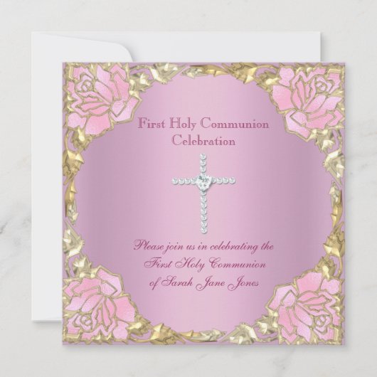 Girl First Heilige Commune Pink Gold Silver Cross  Kaart (Voorkant)