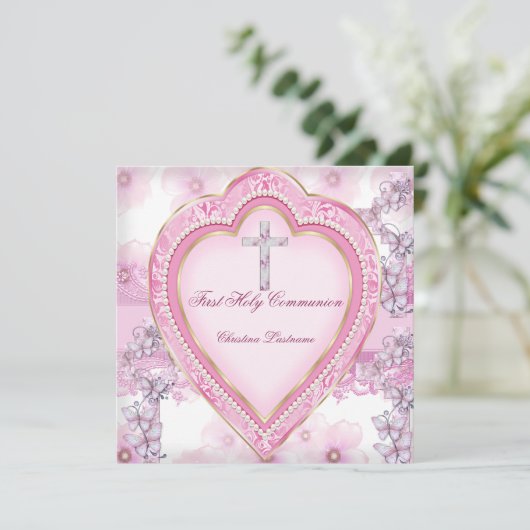 Girl First Heilige Commune Pink Heart Kaart (Staand voorkant)