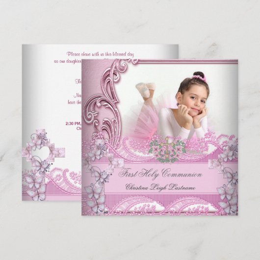 Girl First Heilige Commune Pink Photo Butterfly Kaart (Voorkant / Achterkant)