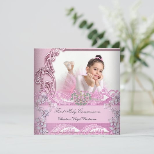 Girl First Heilige Commune Pink Photo Butterfly Kaart (Staand voorkant)