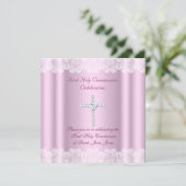 Girl First Heilige Commune White Lace Pink Cross Kaart (Staand voorkant)