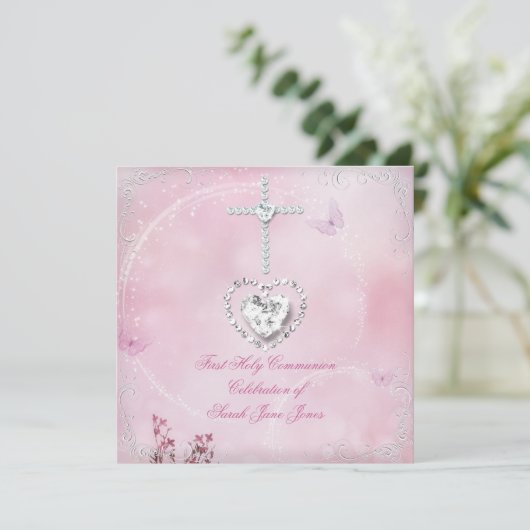 Girl First Heilige Commune White Pink butterfly Kaart (Staand voorkant)