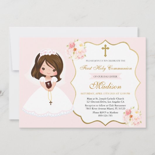 Girl First Holy Communion Invitation Elegant Cute Kaart (Voorkant)
