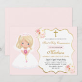 Girl First Holy Communion Invitation Soft Pink Kaart (Voorkant / Achterkant)