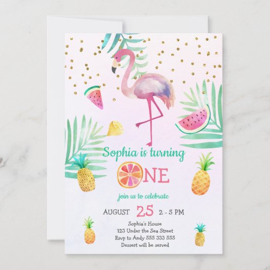 Girl Flamingo 1st Birthday Summer Waterverf Kaart (Voorkant)