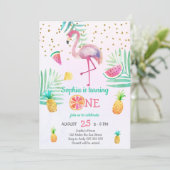 Girl Flamingo 1st Birthday Summer Waterverf Kaart (Staand voorkant)