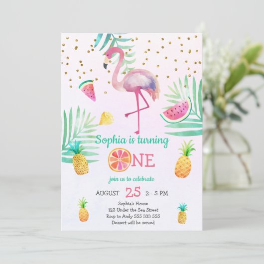 Girl Flamingo 1st Birthday Summer Waterverf Kaart (Staand voorkant)