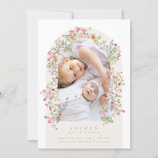 girl floral arch 4 photo custom text baby birth aankondiging (Voorkant)
