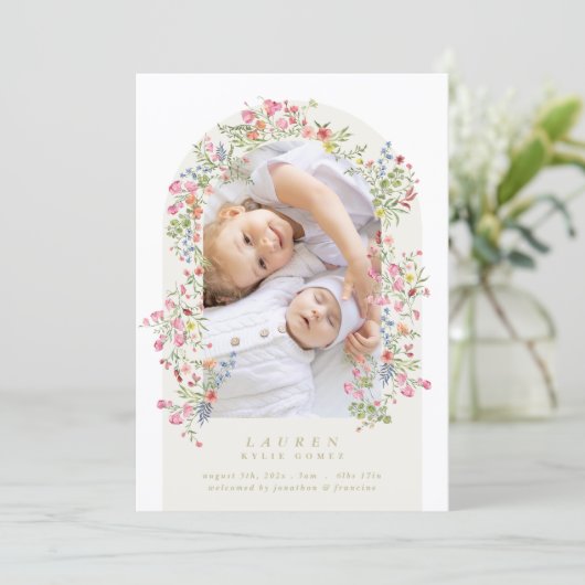girl floral arch 4 photo custom text baby birth aankondiging (Staand voorkant)