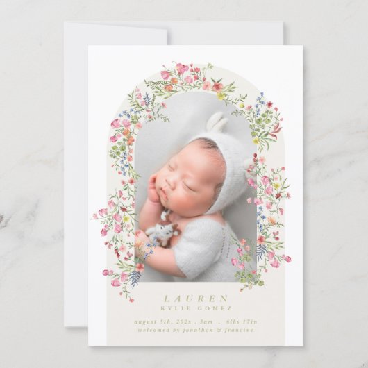 girl floral arch photo custom text baby birth aankondiging (Voorkant)