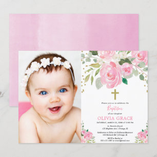 Girl floral baptisme blush roze foto kaart