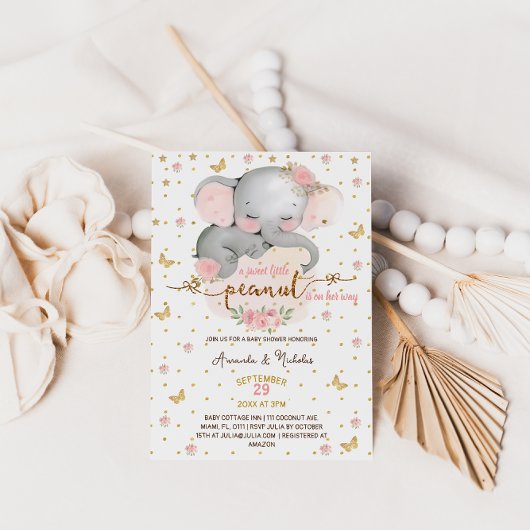 Girl Floral Elephant Baby shower Kaart