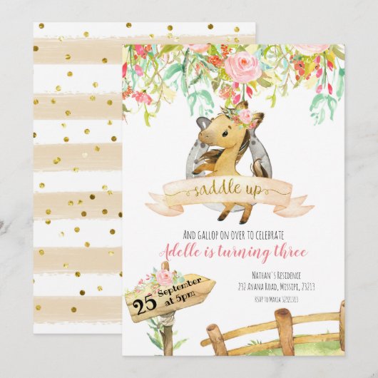 Girl Floral Horse saddle Up Birthday Invitation Kaart (Voorkant / Achterkant)