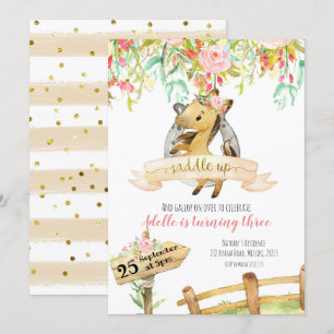 Girl Floral Horse saddle Up Birthday Invitation Kaart