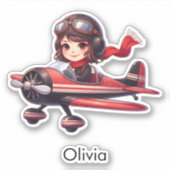 Girl Flying Airplane cute cartoon Personalized Sticker (Voorkant)
