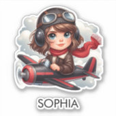 Girl Flying Airplane Cute Girly Kids Personalized Sticker (Voorkant)