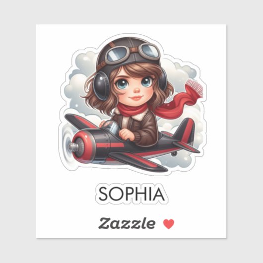 Girl Flying Airplane Cute Girly Kids Personalized Sticker (Vel)