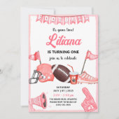 Girl Football Ball First Birthday Invitation Kaart (Voorkant)