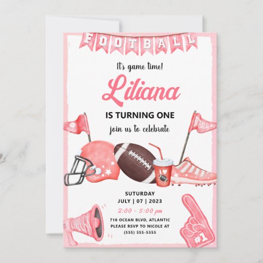 Girl Football Ball First Birthday Invitation Kaart (Voorkant)