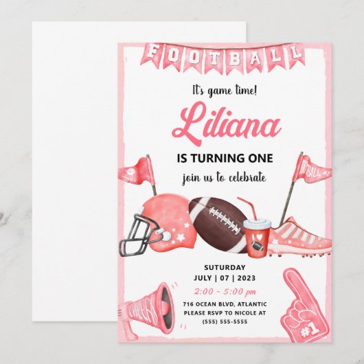 Girl Football Ball First Birthday Invitation Kaart (Voorkant / Achterkant)