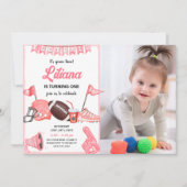 Girl Football First Birthday nodiging met foto Kaart (Voorkant)