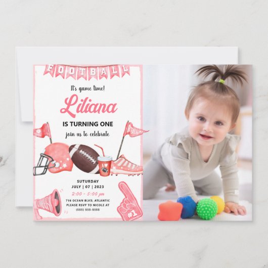 Girl Football First Birthday nodiging met foto Kaart (Voorkant)