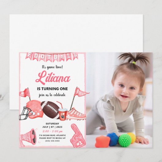 Girl Football First Birthday nodiging met foto Kaart (Voorkant / Achterkant)