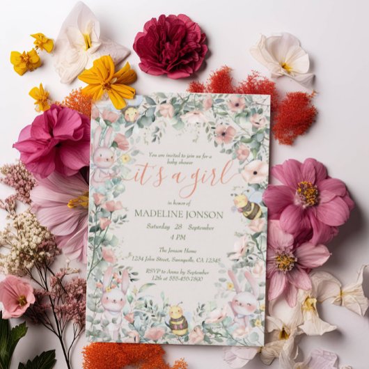 Girl Forest Animals Pink Floral QRcode Baby shower Kaart