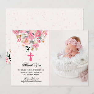 Girl Foto Christening Waterverf Pink Floral Bedankkaart