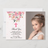 Girl Foto Waterverf Pink Floral First Commune Bedankkaart (Voorkant)