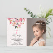 Girl Foto Waterverf Pink Floral First Commune Bedankkaart (Staand voorkant)
