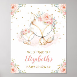 Girl Fox Blush Pink Floral Baby shower Welkom Poster