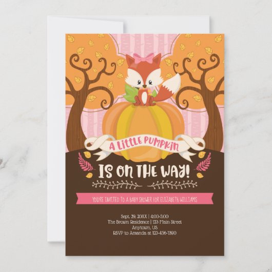 Girl Fox Little Pumpkin Baby shower Invitation Kaart (Voorkant)