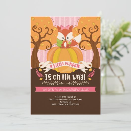 Girl Fox Little Pumpkin Baby shower Invitation Kaart (Staand voorkant)