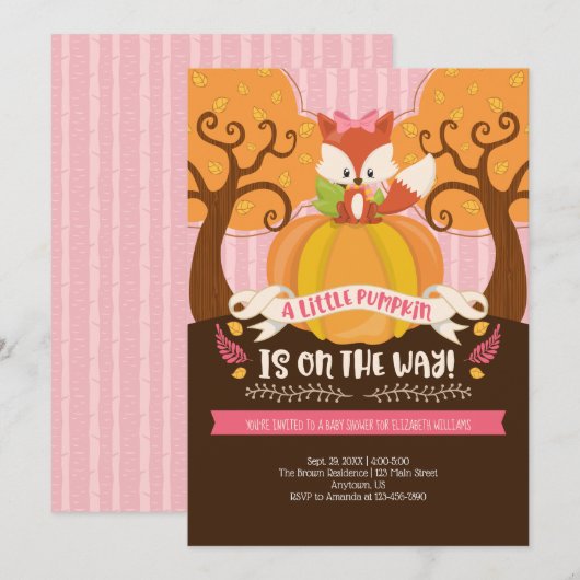 Girl Fox Little Pumpkin Baby shower Invitation Kaart (Voorkant / Achterkant)