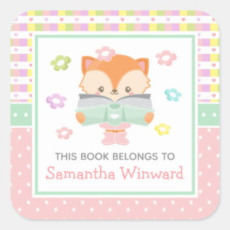 Girl Fox Pink en Green Kinder Bookplate Vierkante Sticker