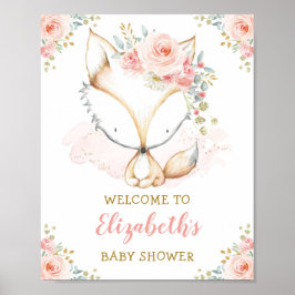 Girl Fox Waterverf Blush Pink Floral Baby shower Poster