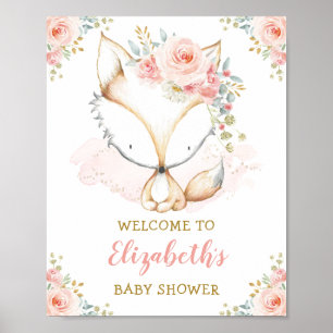 Girl Fox Waterverf Blush Pink Floral Baby shower Poster