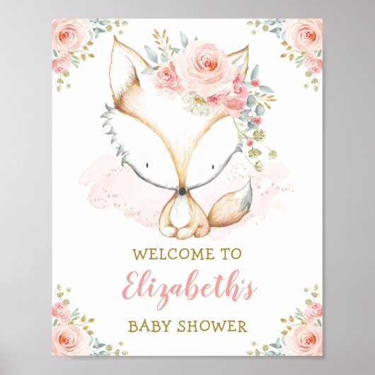 Girl Fox Waterverf Blush Pink Floral Baby shower Poster (Voorkant)