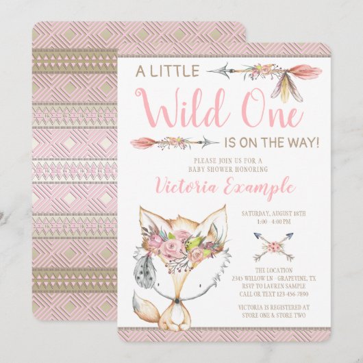 Girl Fox Wild One Baby Shower Uitnodigingen (Voorkant / Achterkant)