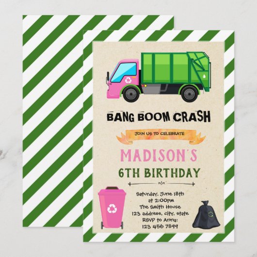 Girl Garbage Truck verjaardaguitnodiging Kaart (Voorkant / Achterkant)