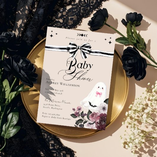 Girl Ghost Little Boo Floral Gothic Baby shower Kaart