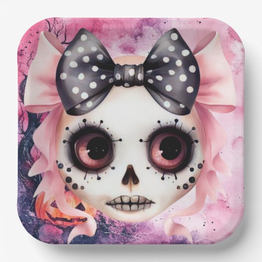 Girl Ghost Skeleton Halloween Roze thema Papieren Bordje (Voorkant)