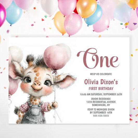 Girl Giraffe 1st Birthday Party Invitation Kaart