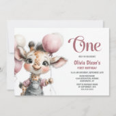 Girl Giraffe 1st Birthday Party Invitation Kaart (Voorkant)