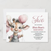 Girl Giraffe 2nd Birthday Party Invitation Kaart (Voorkant)