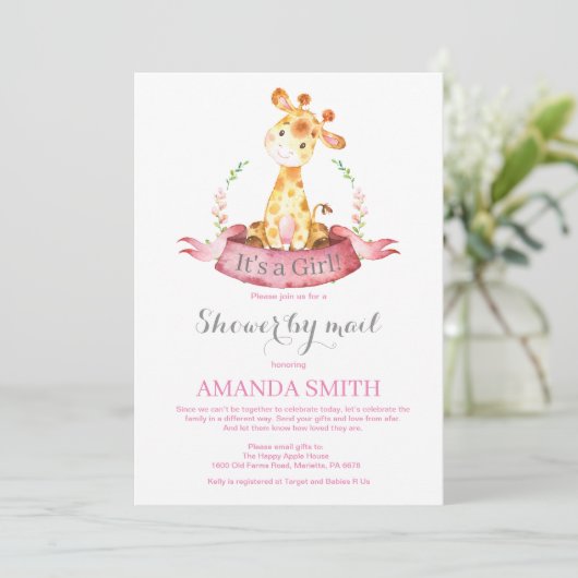 Girl Giraffe Baby shower door Mail Invitation Kaart (Staand voorkant)
