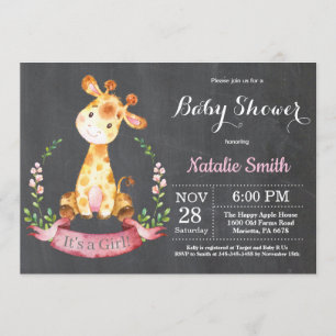 Girl Giraffe Baby shower Invitation Chalkboard Kaart