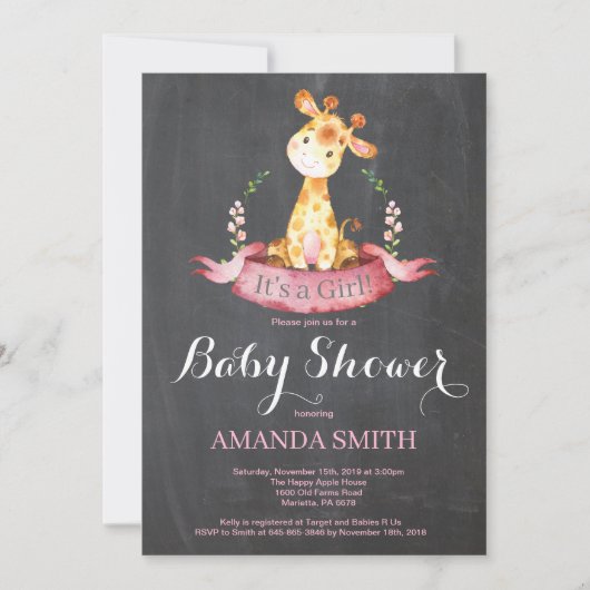 Girl Giraffe Baby shower Invitation Chalkboard Kaart (Voorkant)